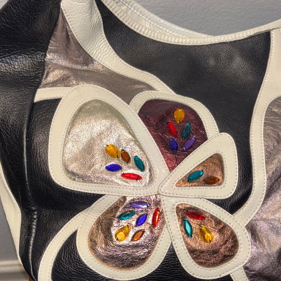 Sharif Black and White Floral Appliqué Shoulder Bag with Jewel Accents - Picture 3 of 12